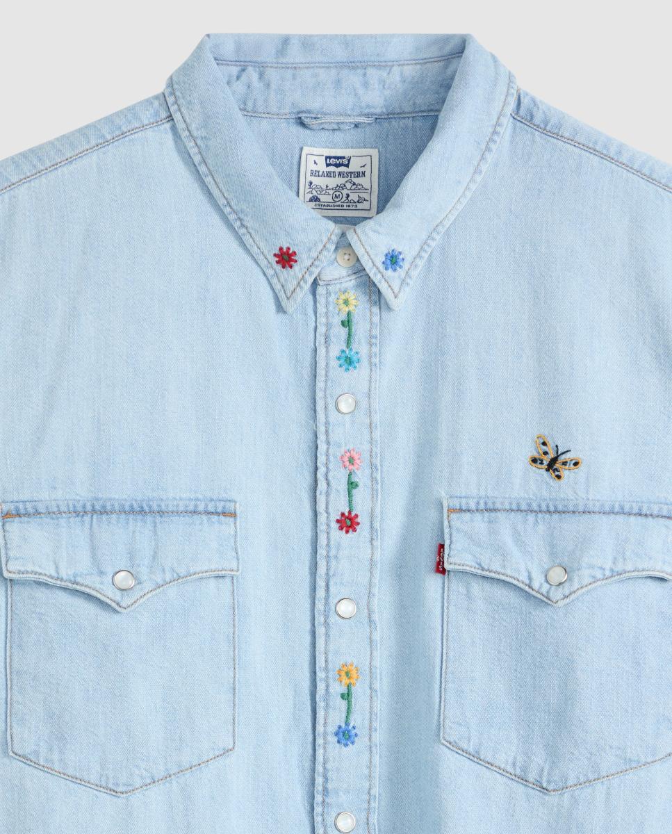 Camisa de Manga Comprida em Ganga Azul-claro-6