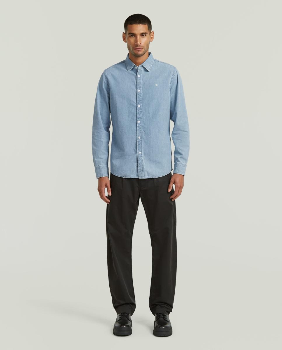 Camisa de Ganga Justa com Manga Comprida Azul-7