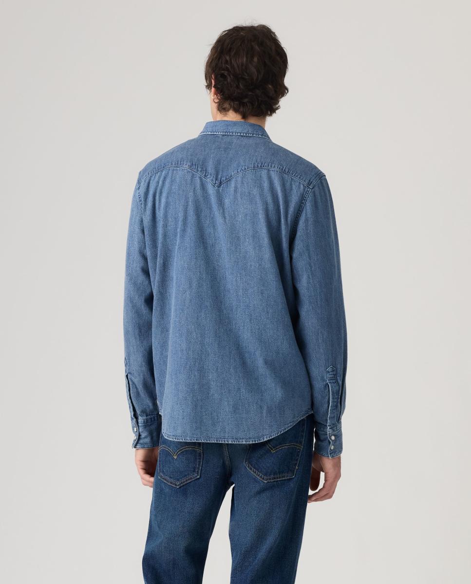 Camisa de ganga com manga comprida Azul-2