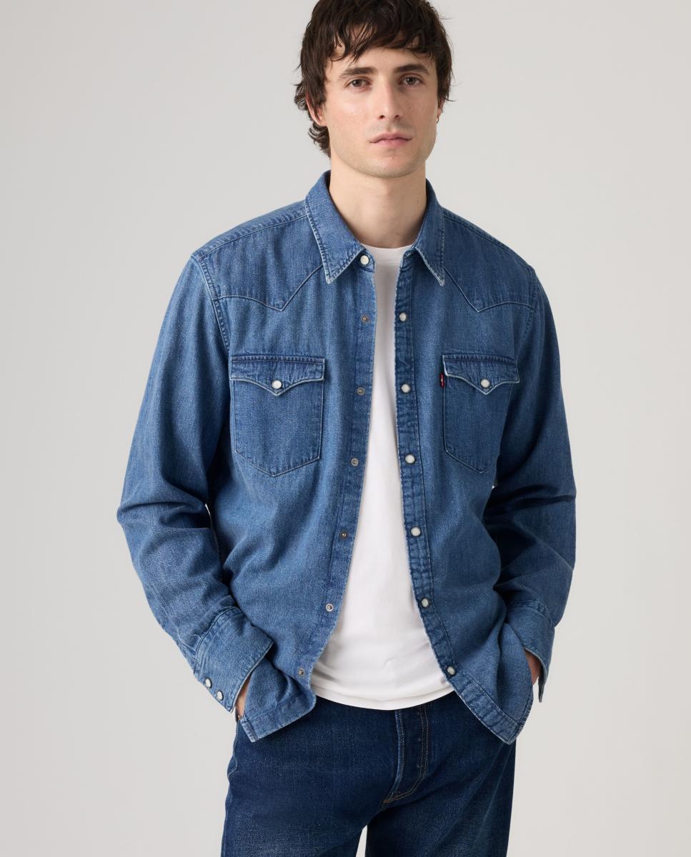 Camisa de ganga com manga comprida Azul-4