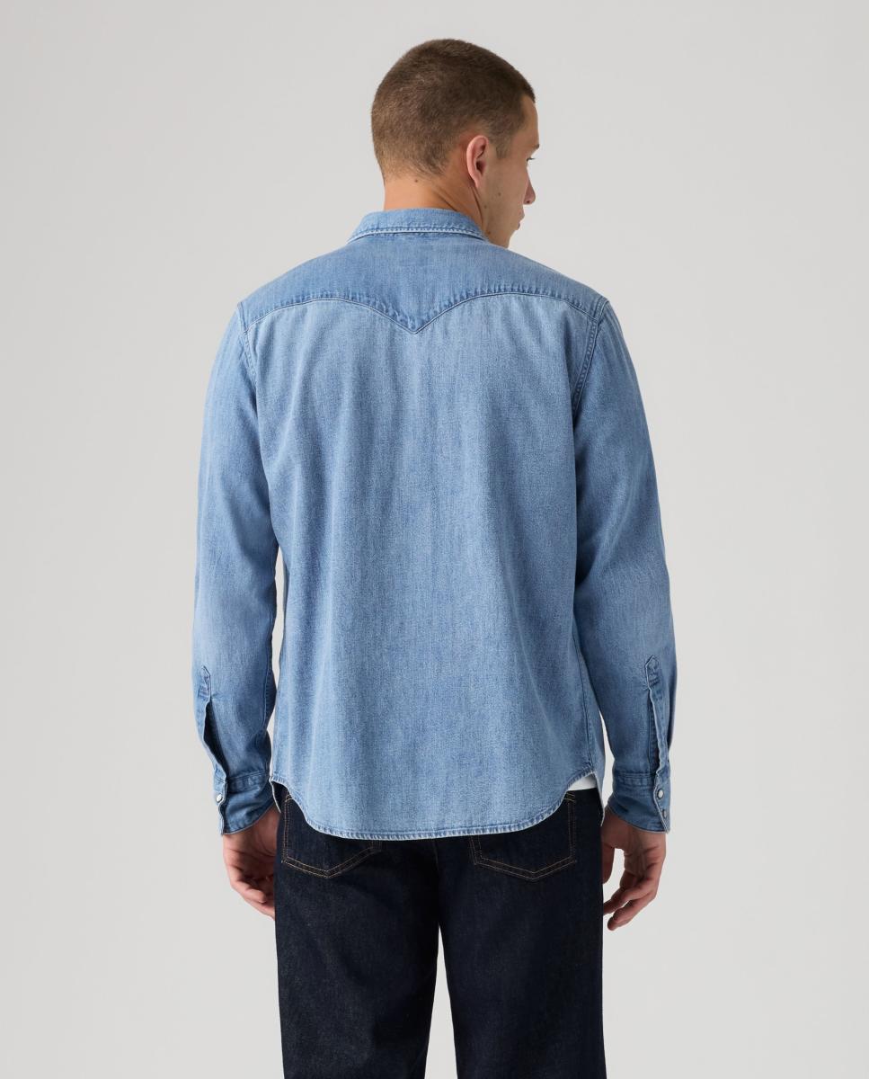 Camisa de ganga com manga comprida Azul-claro-2