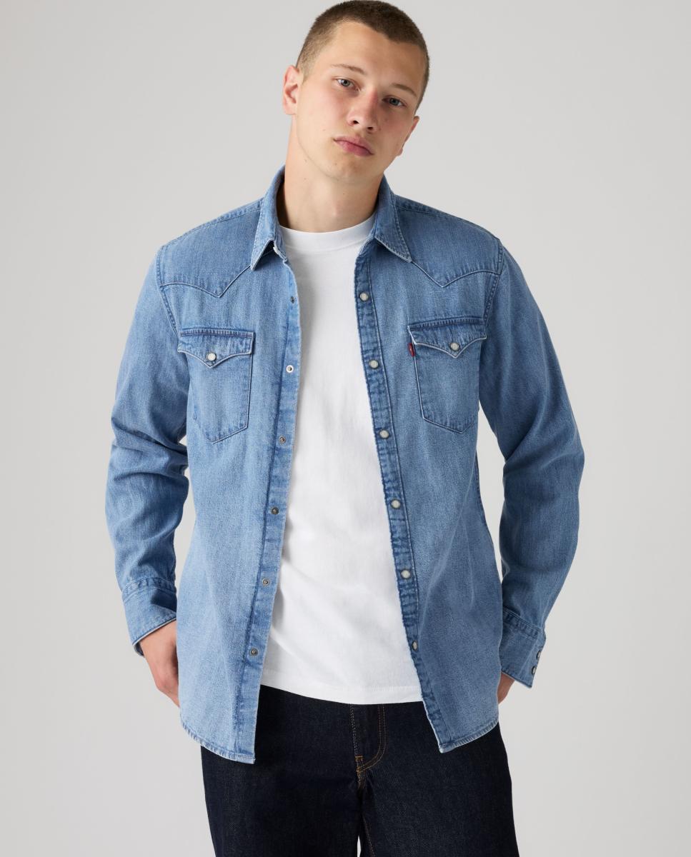 Camisa de ganga com manga comprida Azul-claro-4
