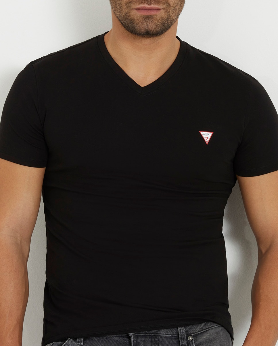 T-shirt de Manga Curta com Decote em Bico Preto-3