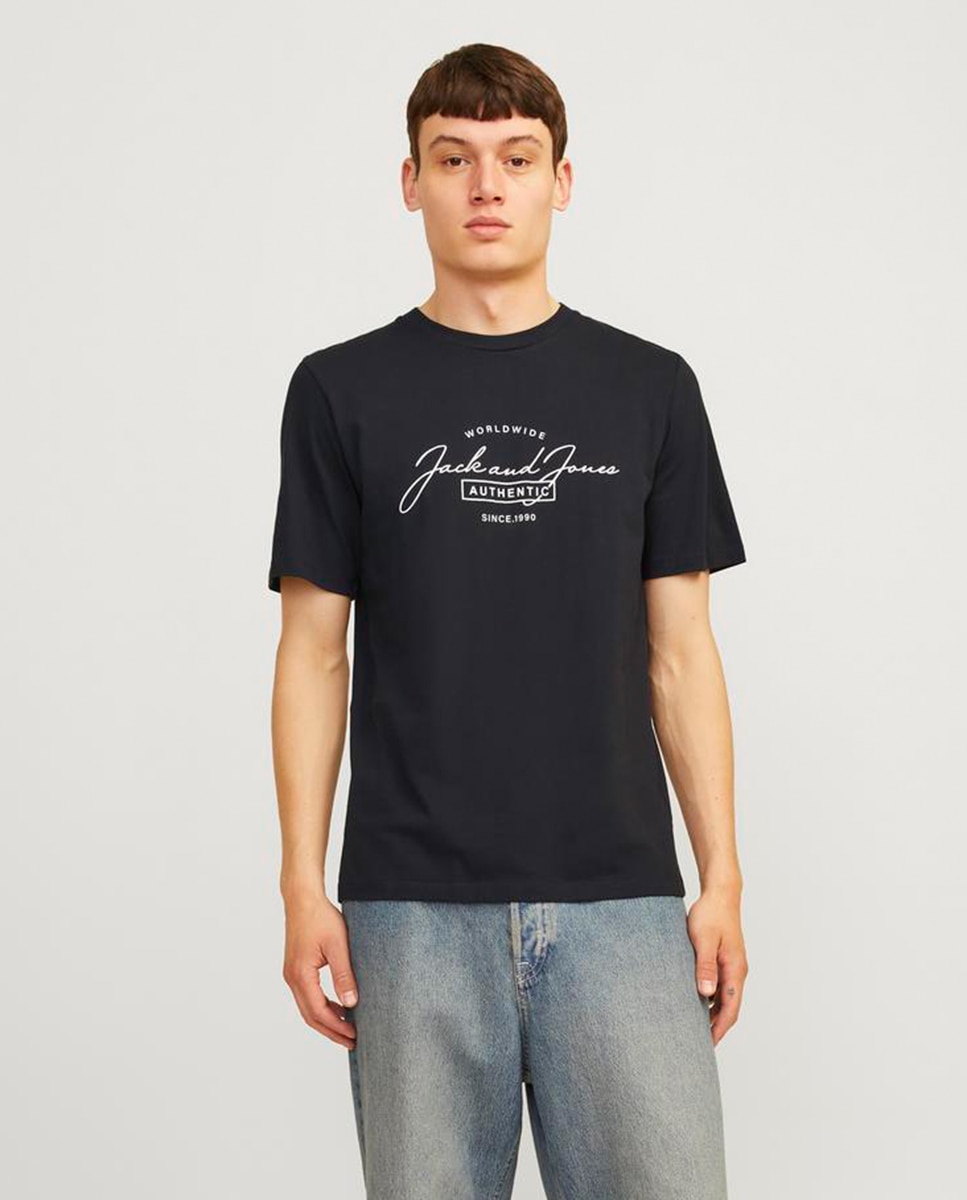 T-shirt de Manga Curta com Decote Redondo e Estampado à Frente Preto-1