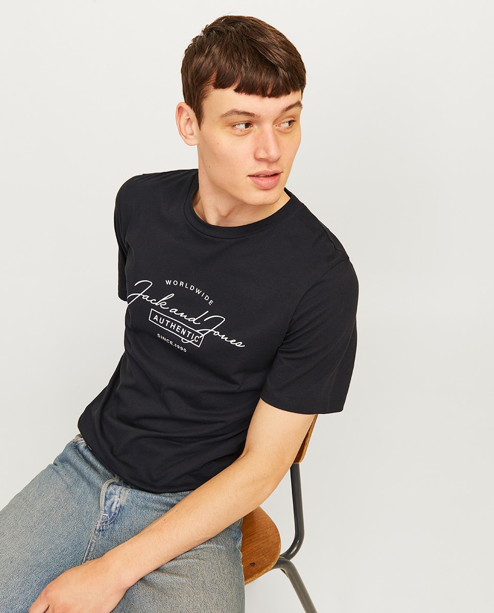 T-shirt de Manga Curta com Decote Redondo e Estampado à Frente Preto-6
