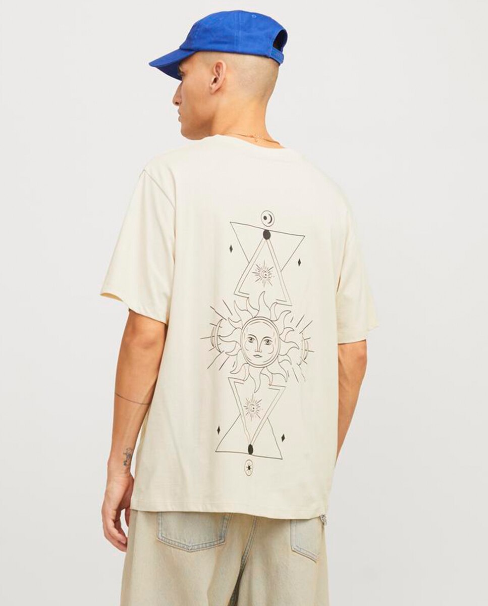 T-shirt de Manga Curta com Gola Redonda e Estampado Traseiro Bege-2