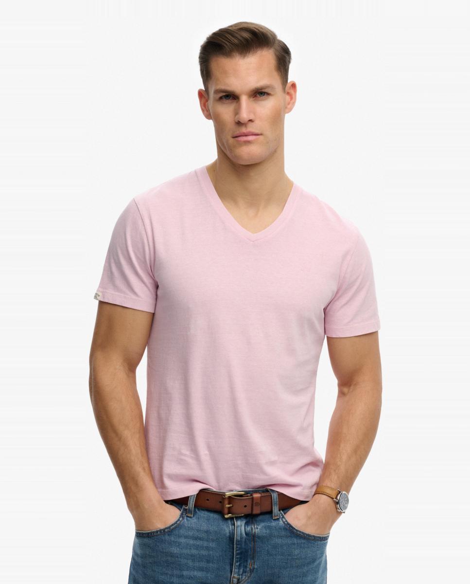 T-shirt Classic de Algodão com Linho na Gola em Bico Rosa-1