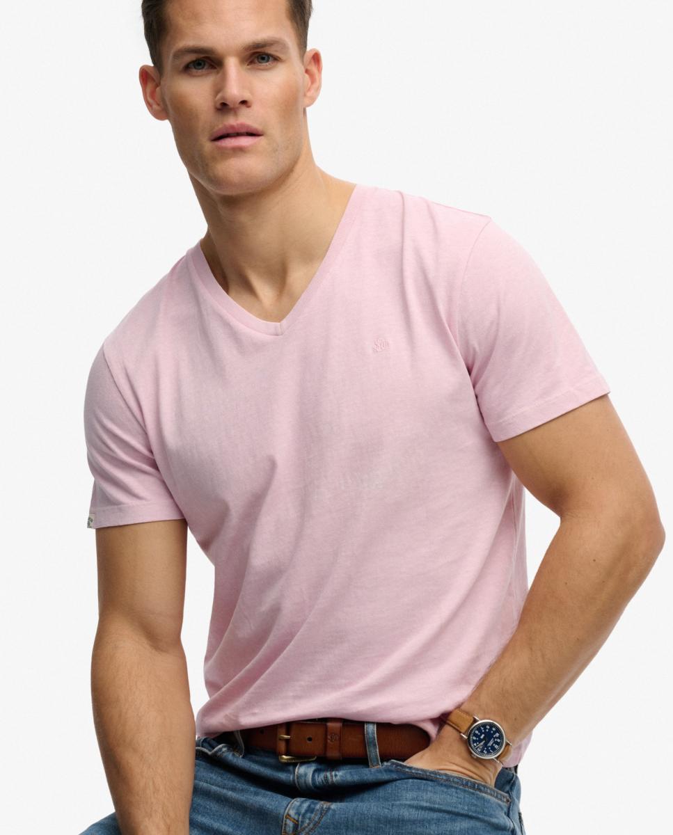 T-shirt Classic de Algodão com Linho na Gola em Bico Rosa-3