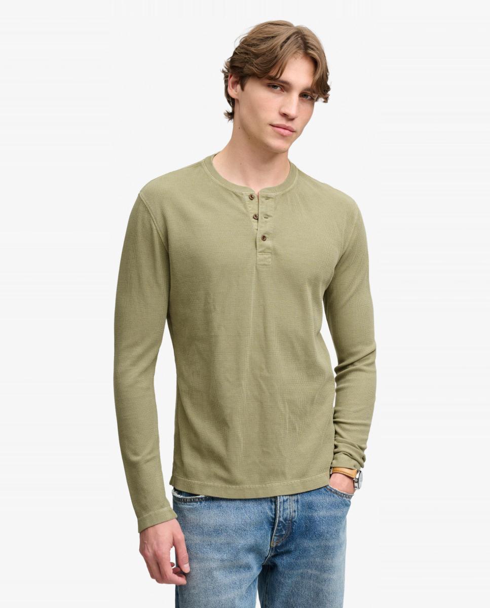 Camiseta Henley waffle de hombre de manga larga - Superdry - Kaki Kaki-1