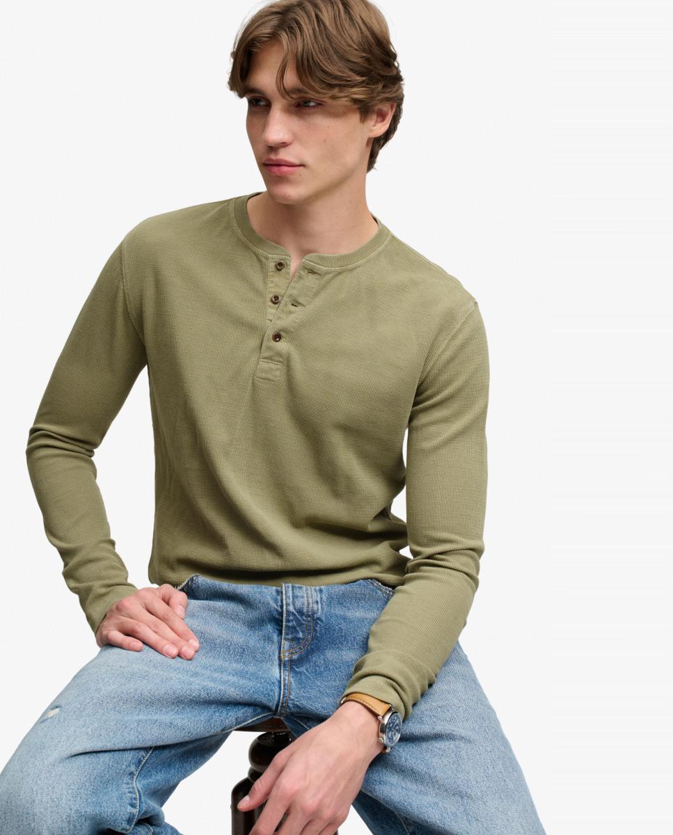 Camiseta Henley waffle de hombre de manga larga - Superdry - Kaki Kaki-3