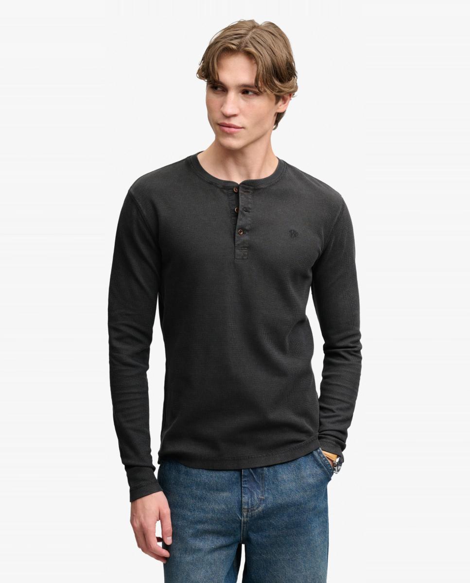Camiseta Henley waffle de hombre de manga larga - Superdry - Negro Negro-1