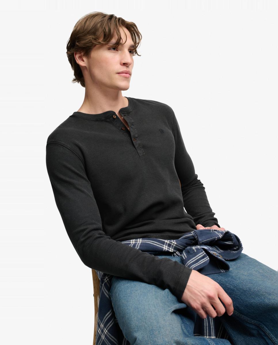 Camiseta Henley waffle de hombre de manga larga - Superdry - Negro Negro-3