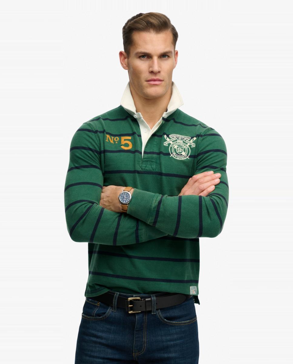 Polo Rugby às Riscas com Emblema Duplo Verde-3