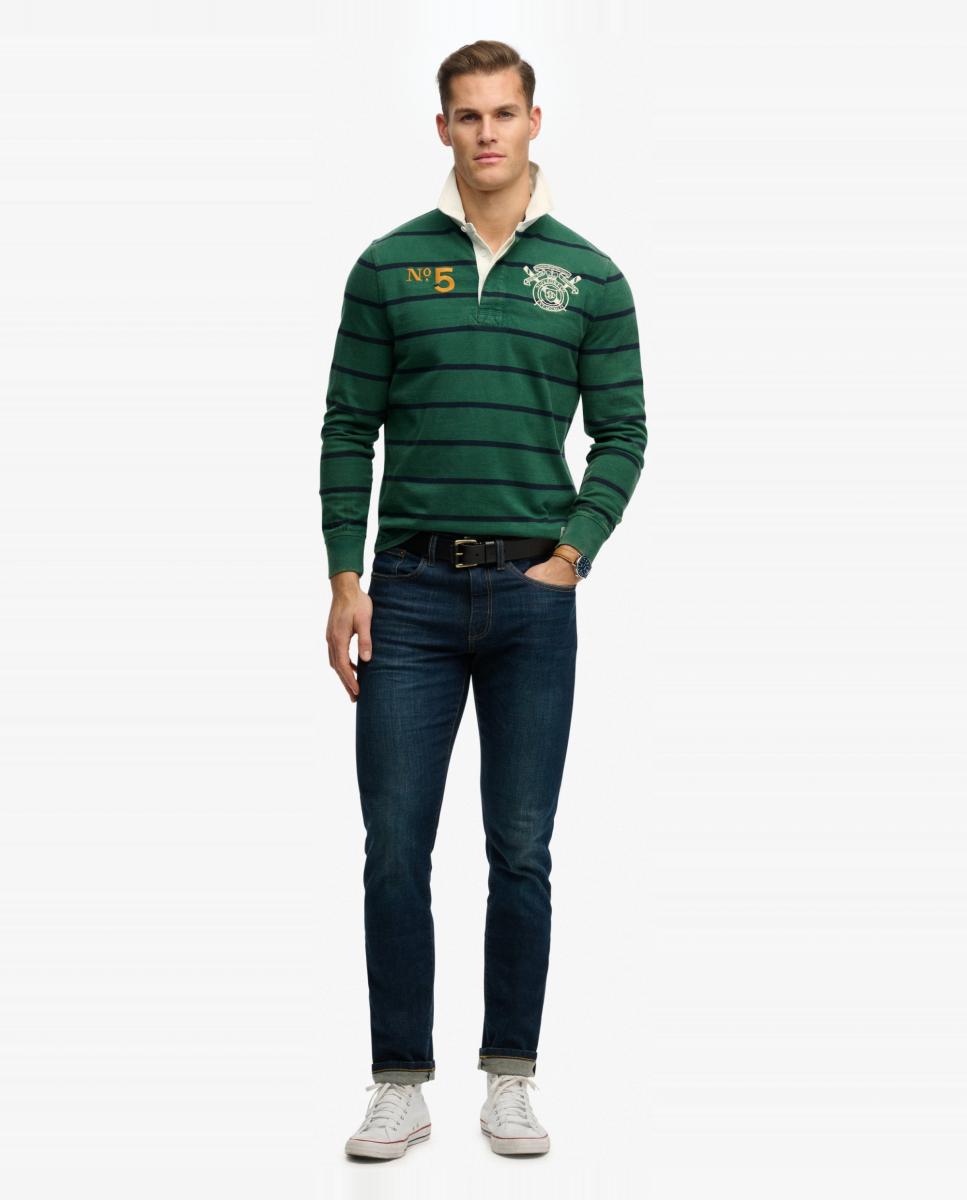 Polo Rugby às Riscas com Emblema Duplo Verde-5