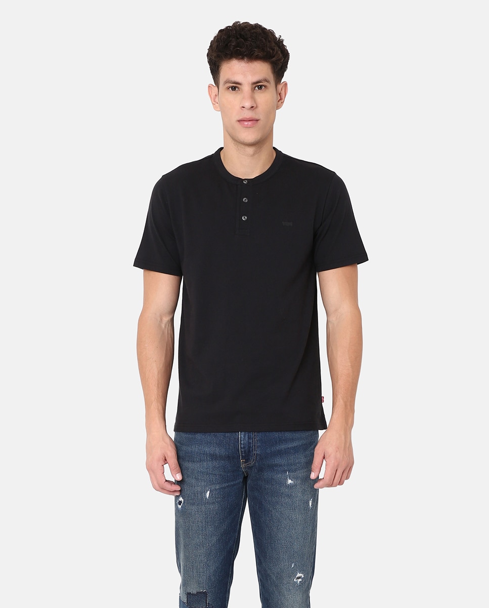 T-shirt de Manga Curta Tipo Henley Preto-1