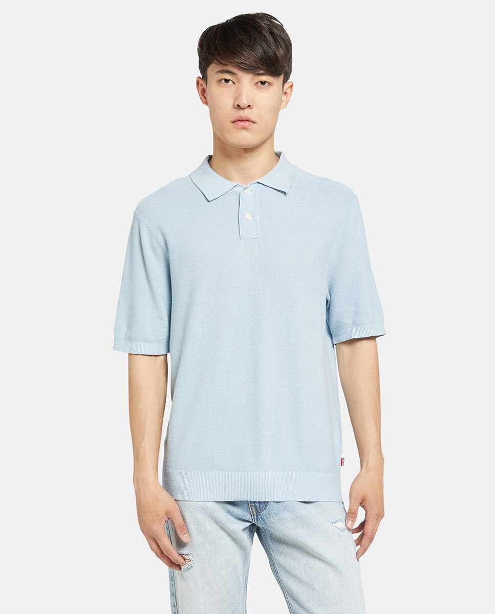 Camisola de Malha Tipo Polo com Toque de Linho Azul-claro-1