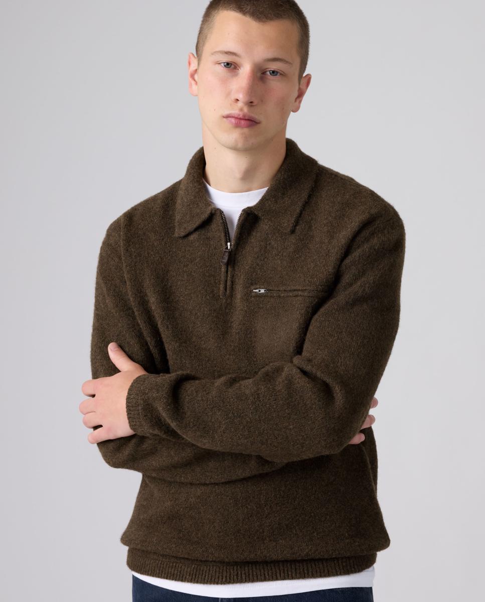 Camisola de Malha com Colarinho de Polo Castanho-escuro-3
