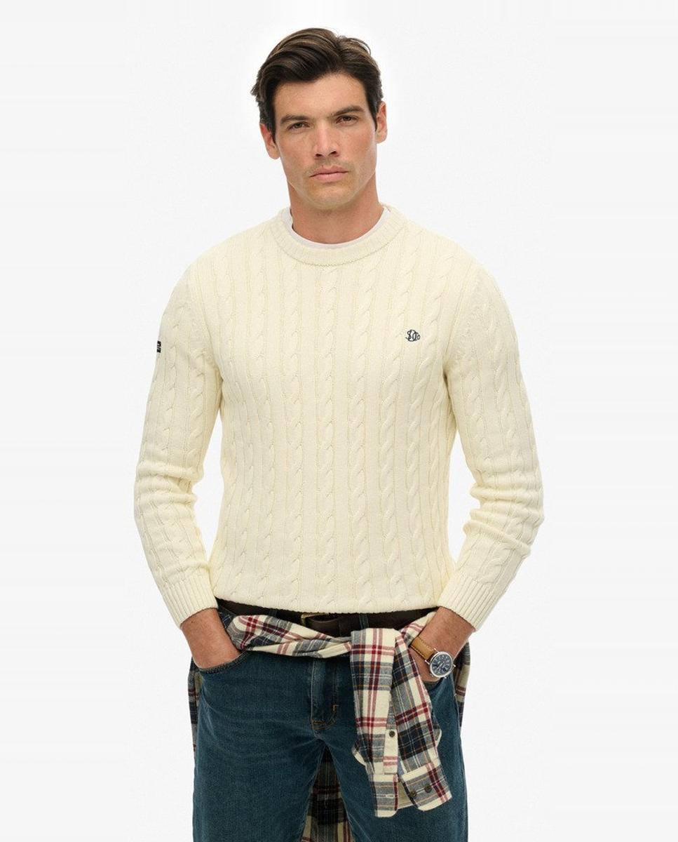 Jersey de hombre de algodón con punto trenzado y cuello redondo - Superdry - Crudo Crudo-1