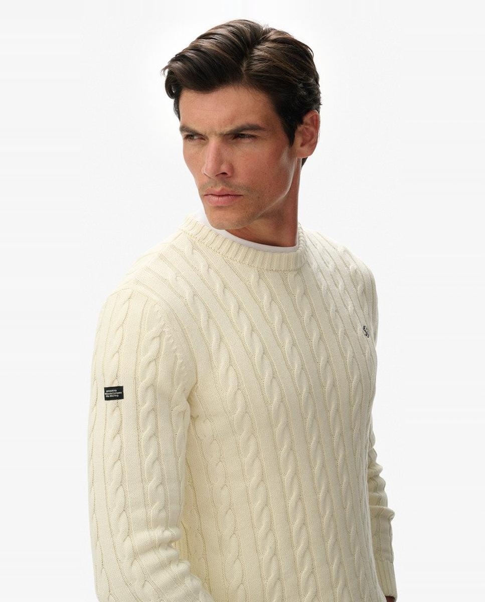 Jersey de hombre de algodón con punto trenzado y cuello redondo - Superdry - Crudo Crudo-3
