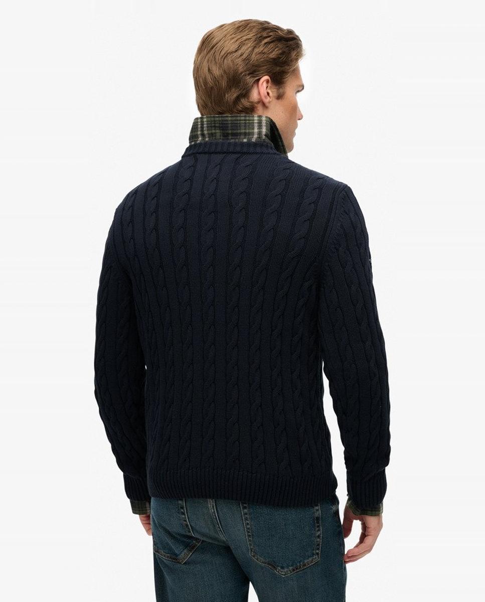 Camisola de Malha Entrançada de Algodão com Gola Redonda Azul-marinho-2