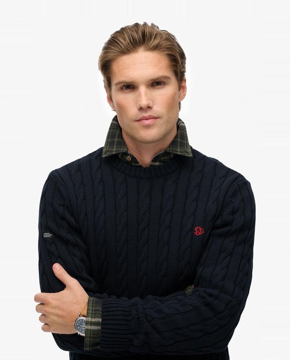 Camisola de Malha Entrançada de Algodão com Gola Redonda Azul-marinho-3