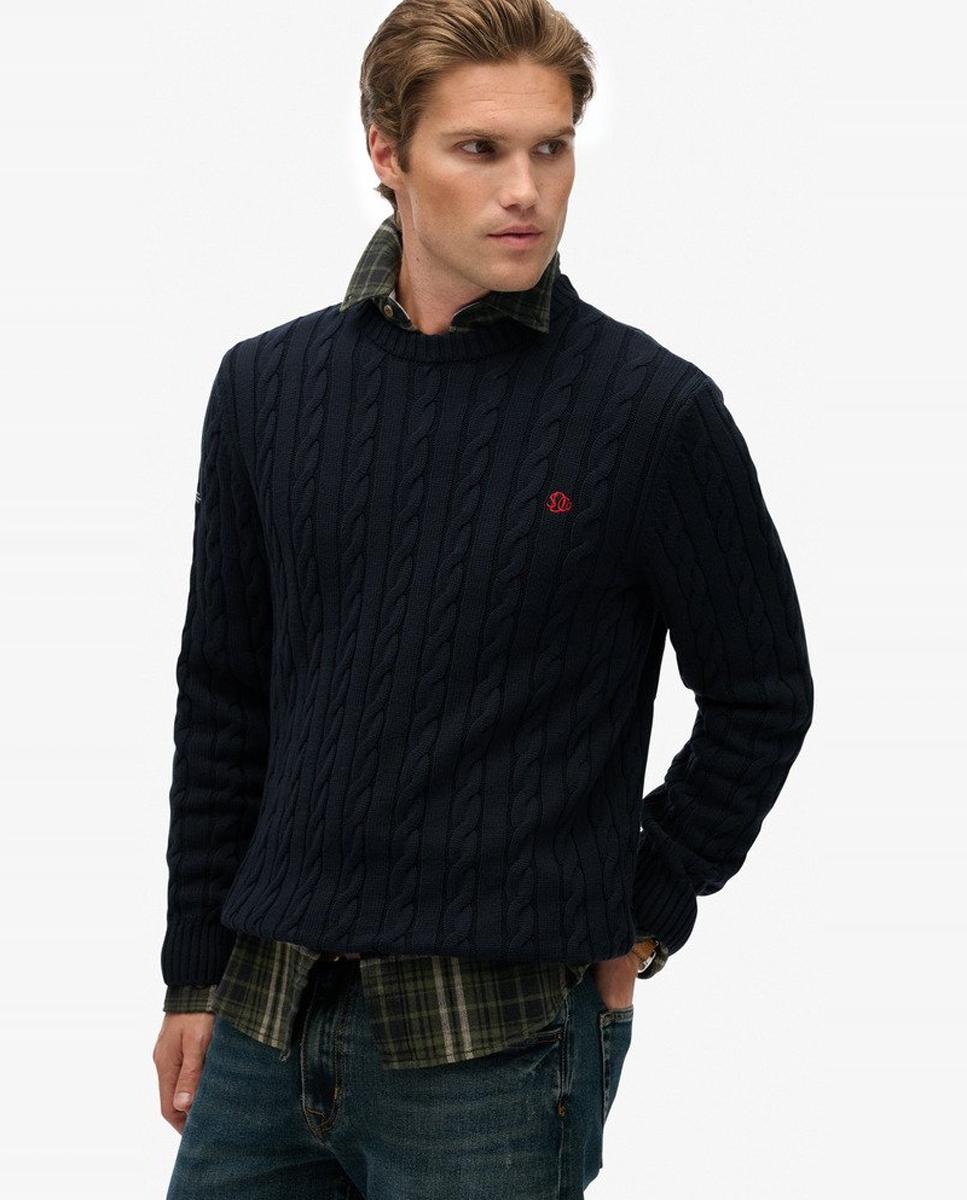 Camisola de Malha Entrançada de Algodão com Gola Redonda Azul-marinho-4