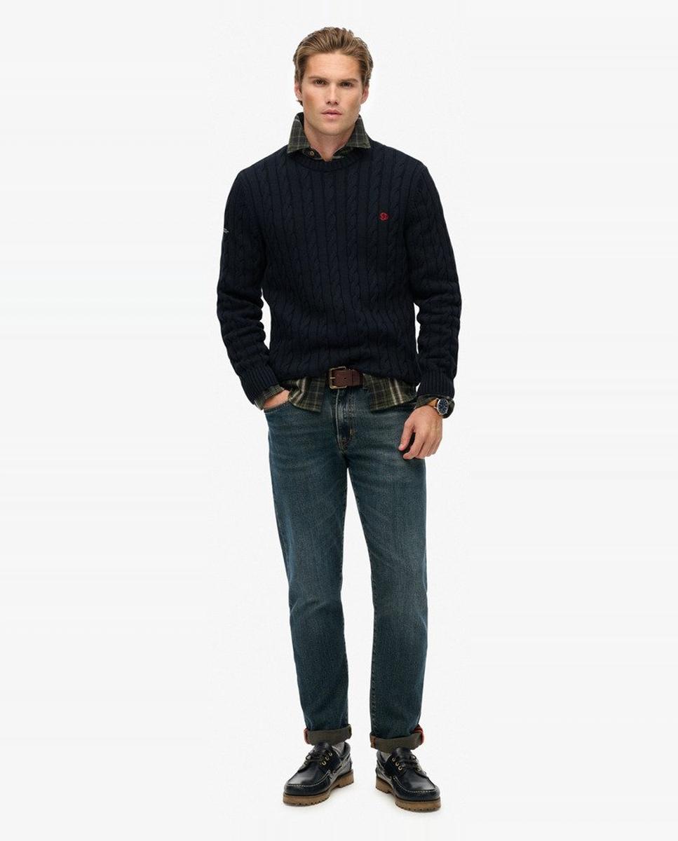 Camisola de Malha Entrançada de Algodão com Gola Redonda Azul-marinho-5