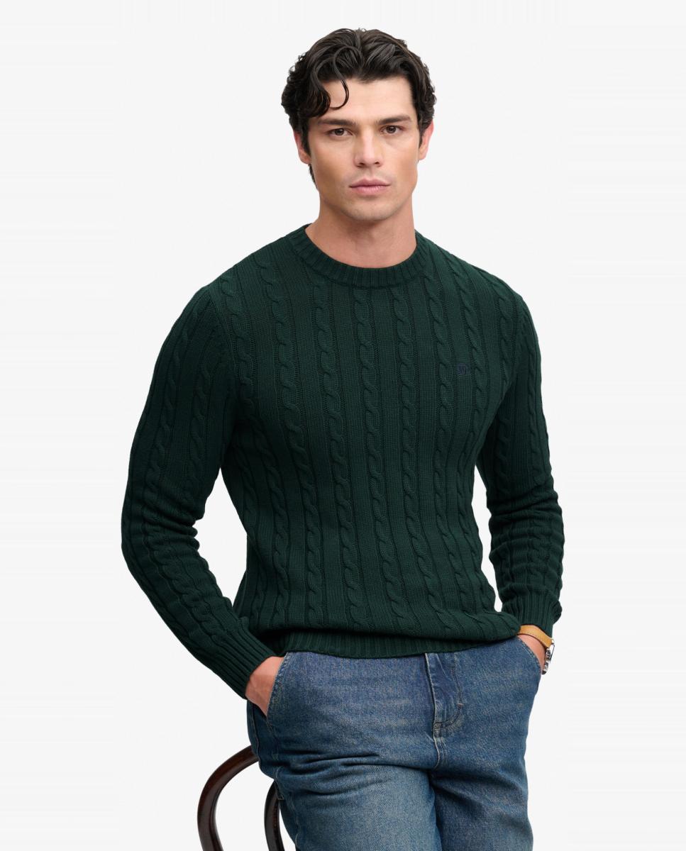Jersey de hombre de algodón con punto trenzado y cuello redondo - Superdry - Verde Verde-4