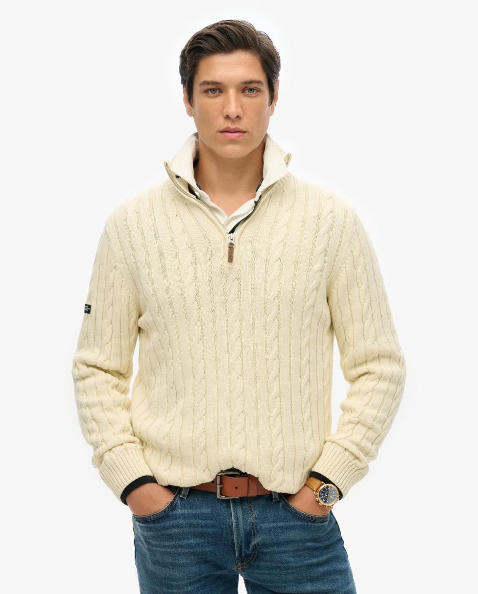 Imagen 0 de Jersey de hombre Preppy de algodón con punto trenzado y media cremallera Crema