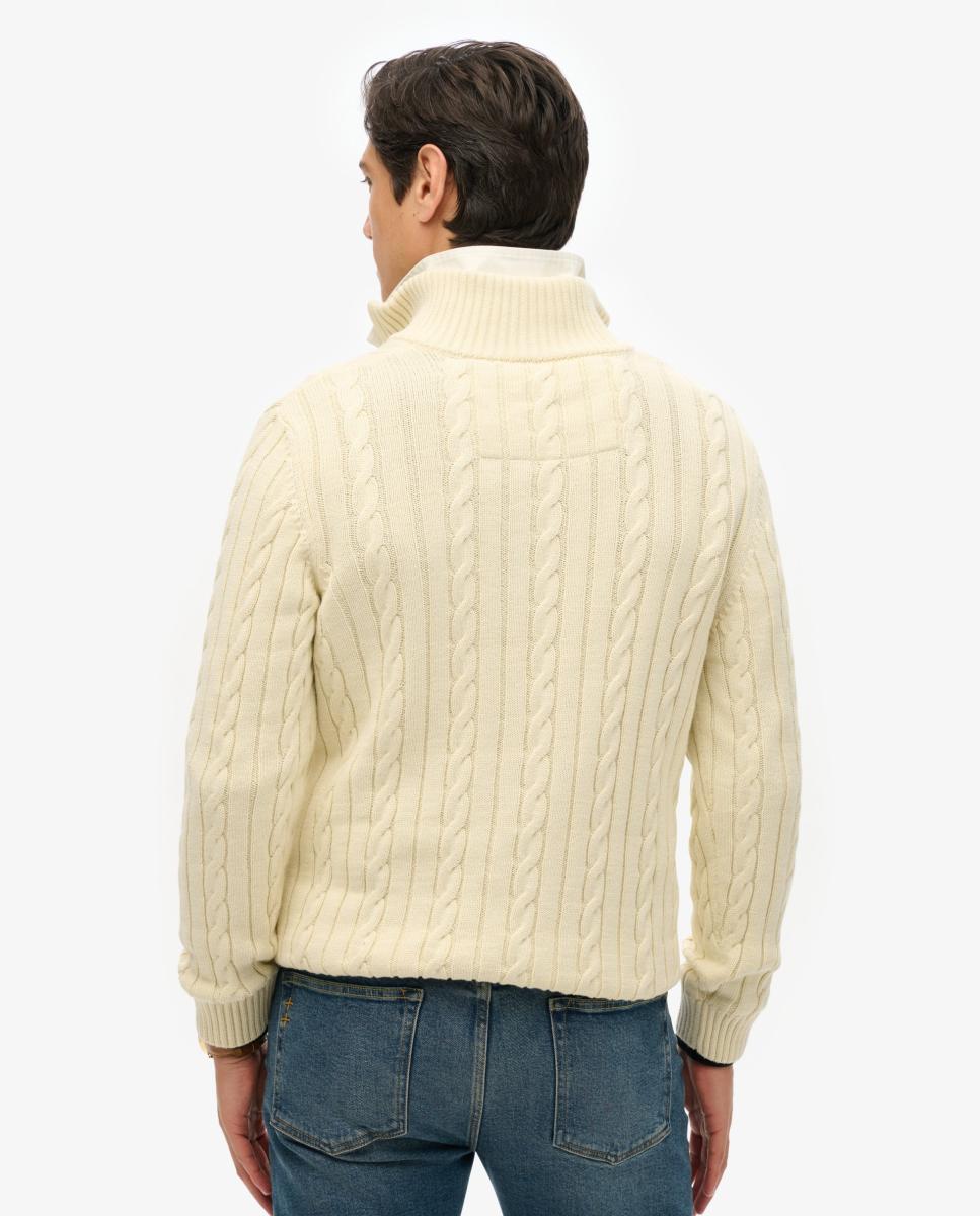 Camisola de Malha Preppy de Algodão com Malha Entrançada e Meio Fecho de Correr Creme-2