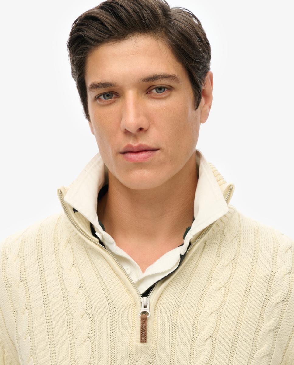 Camisola de Malha Preppy de Algodão com Malha Entrançada e Meio Fecho de Correr Creme-3