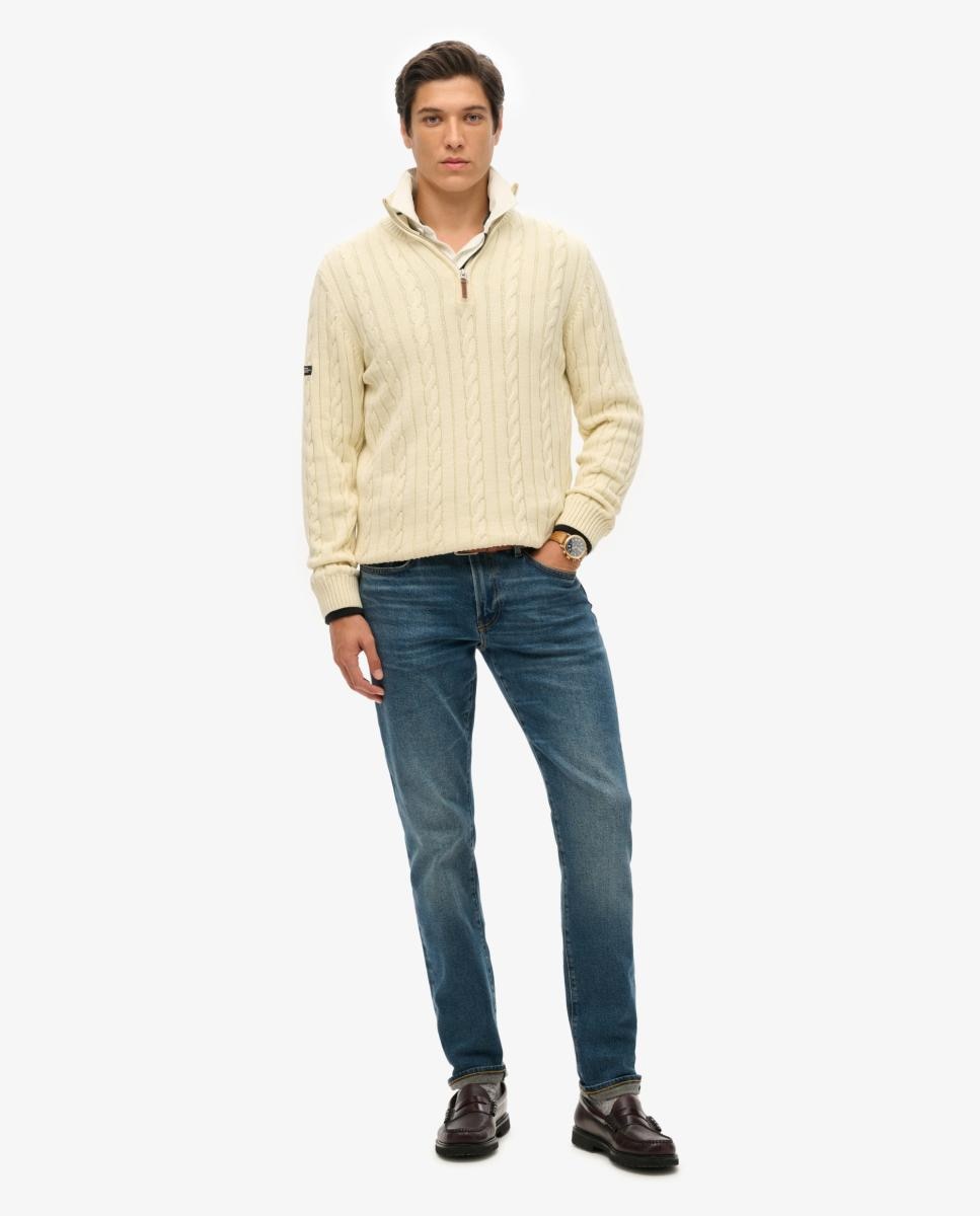 Camisola de Malha Preppy de Algodão com Malha Entrançada e Meio Fecho de Correr Creme-4