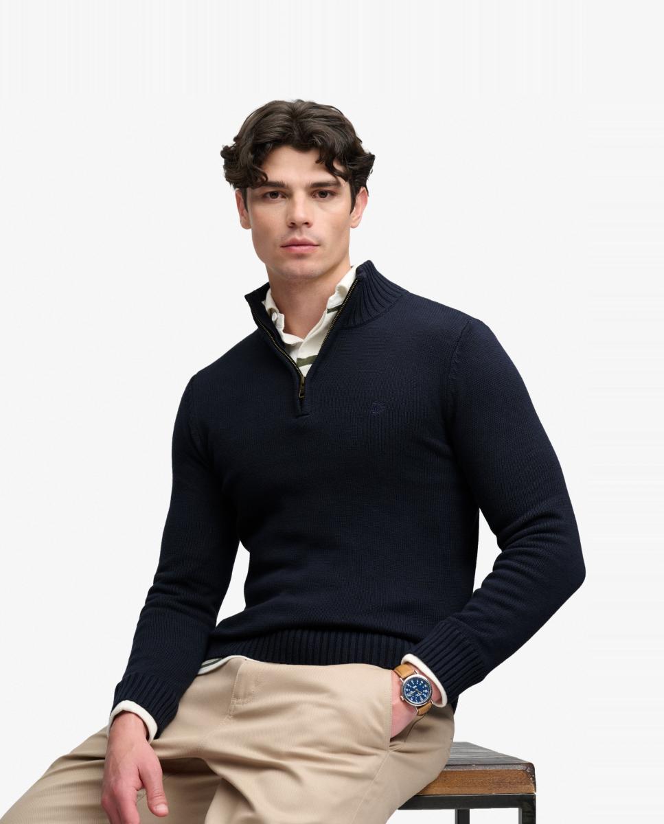 Camisola de Malha de Algodão com Meio Fecho de Correr Azul-marinho-3