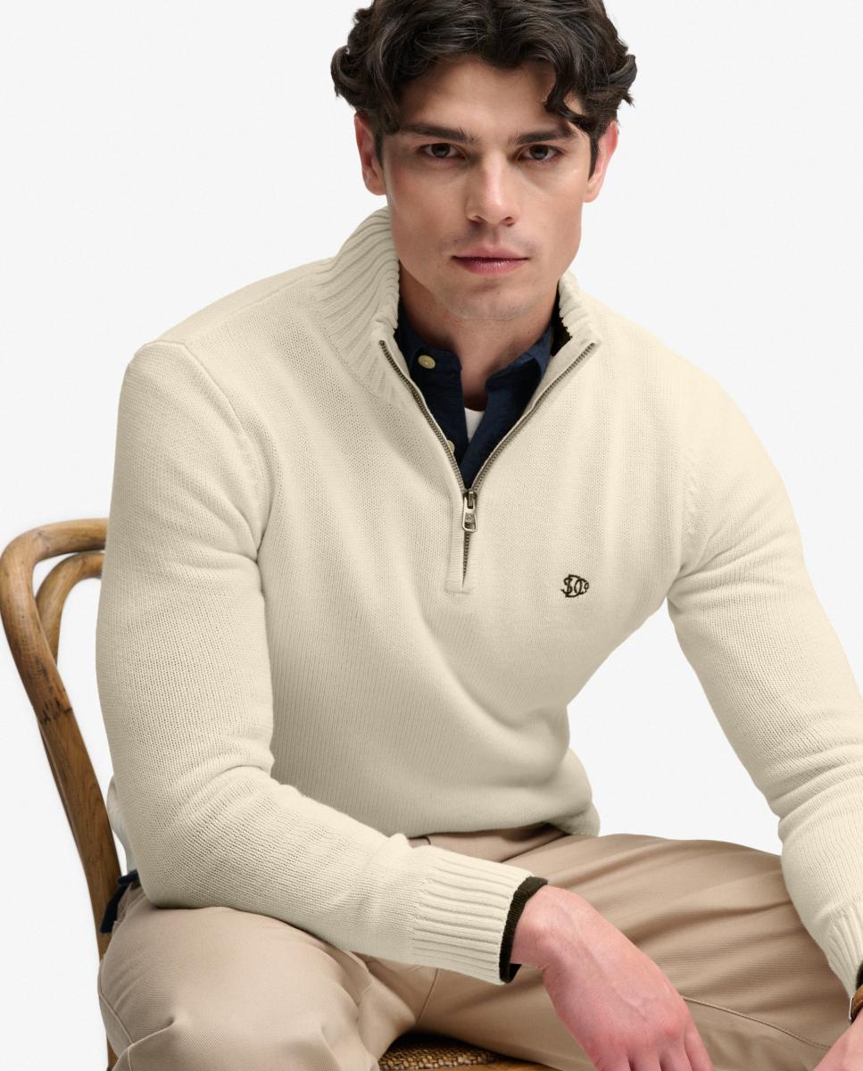 Camisola de Malha de Algodão com Meio Fecho de Correr Creme-3