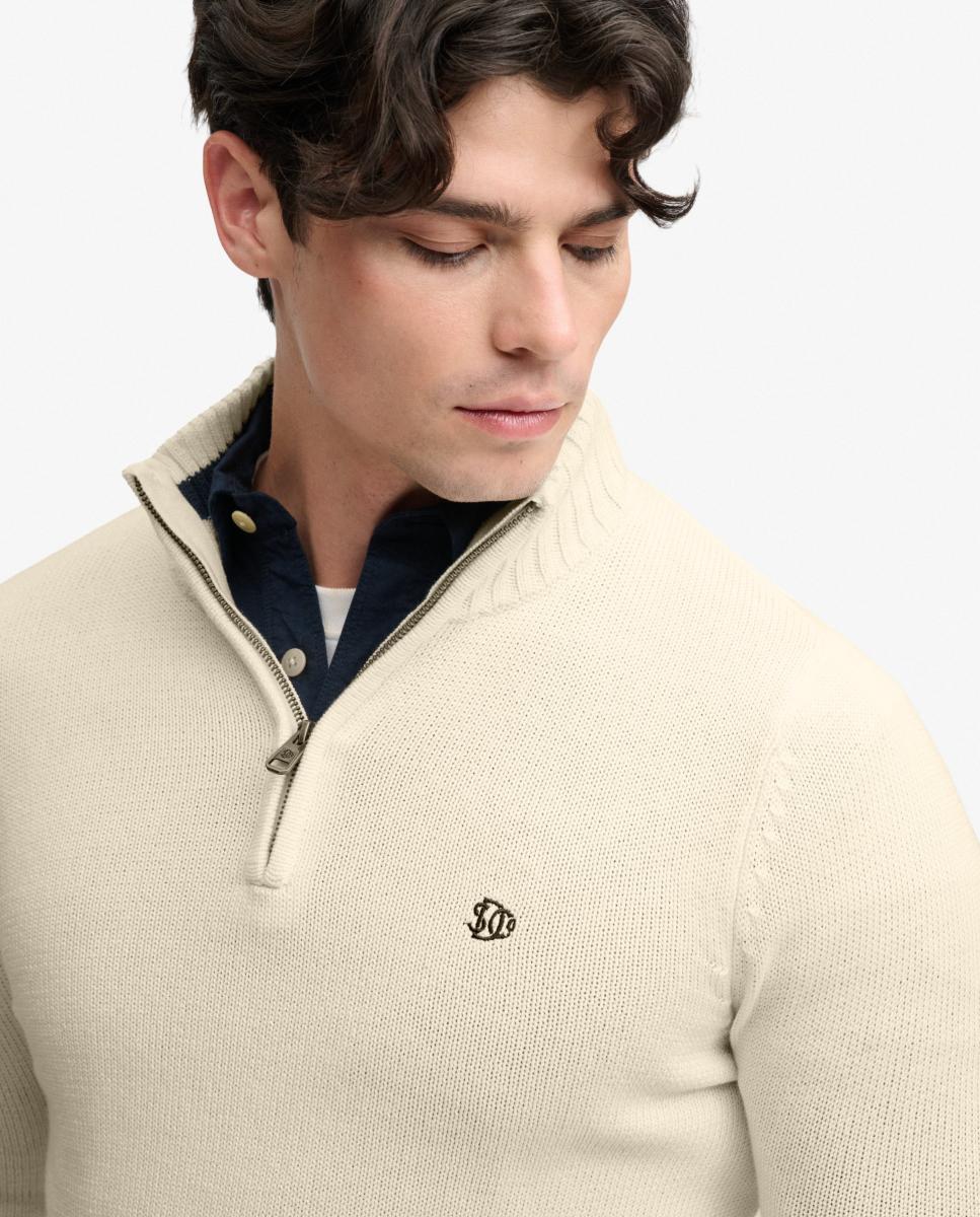 Camisola de Malha de Algodão com Meio Fecho de Correr Creme-4
