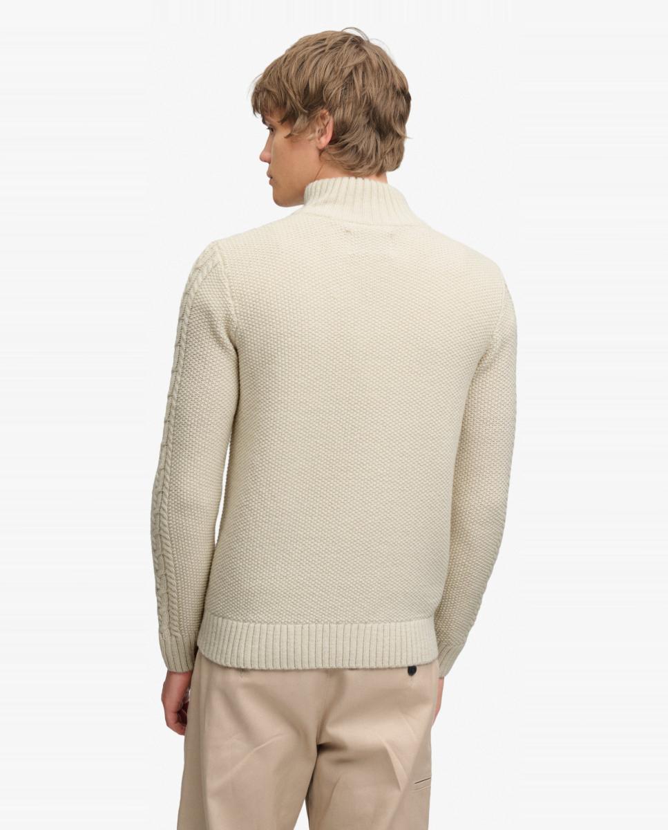 Camisola de Malha Jacob Entrançada com Meio Fecho de Correr Creme-2