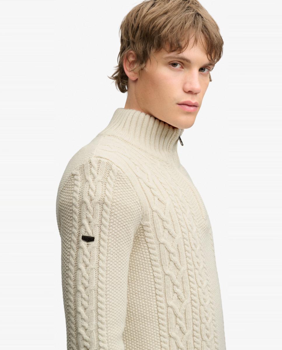 Camisola de Malha Jacob Entrançada com Meio Fecho de Correr Creme-3
