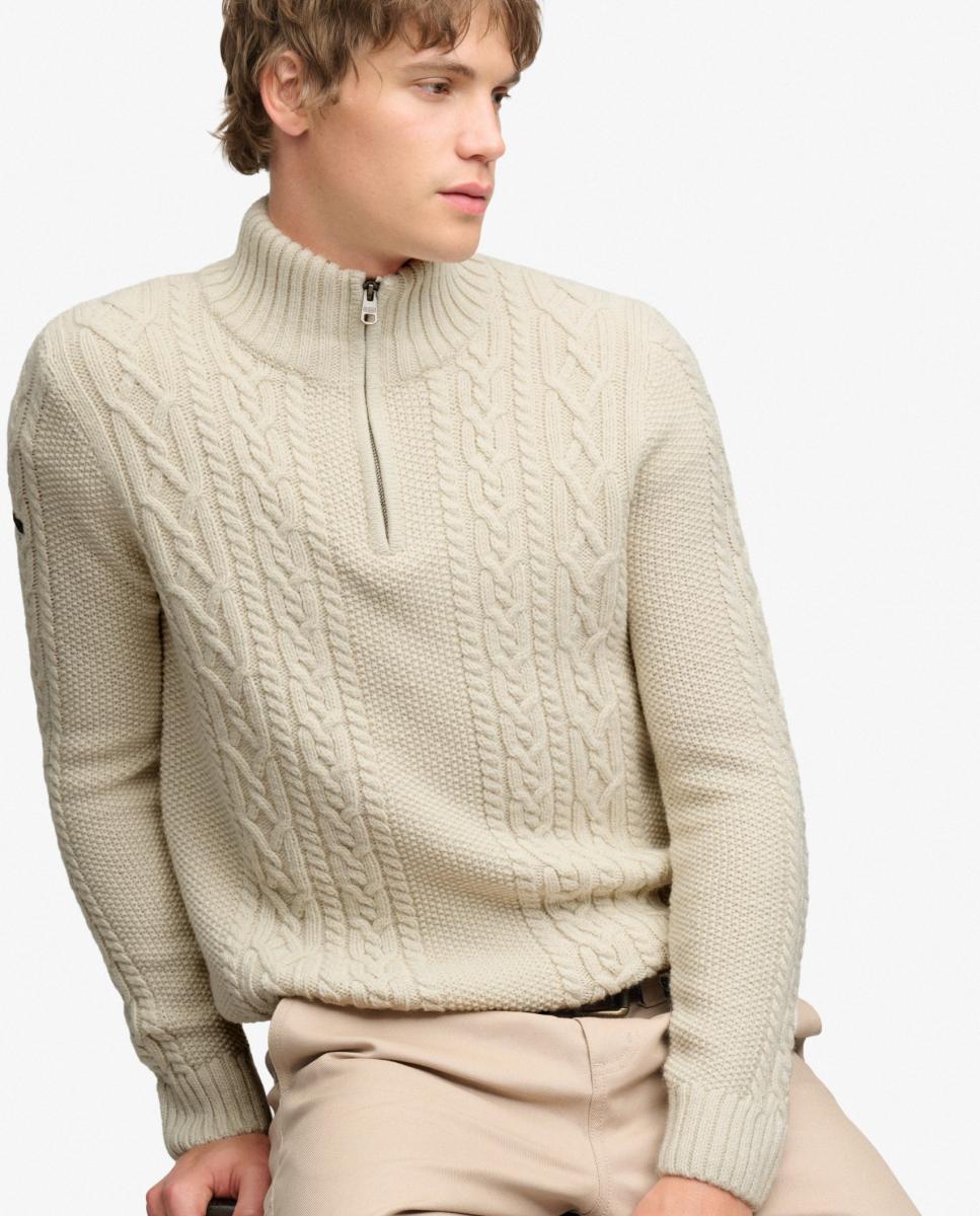 Camisola de Malha Jacob Entrançada com Meio Fecho de Correr Creme-4