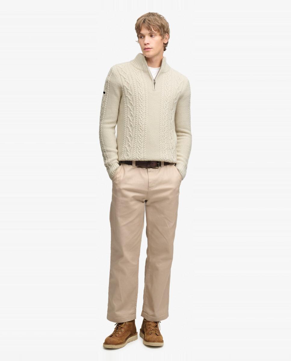 Camisola de Malha Jacob Entrançada com Meio Fecho de Correr Creme-5
