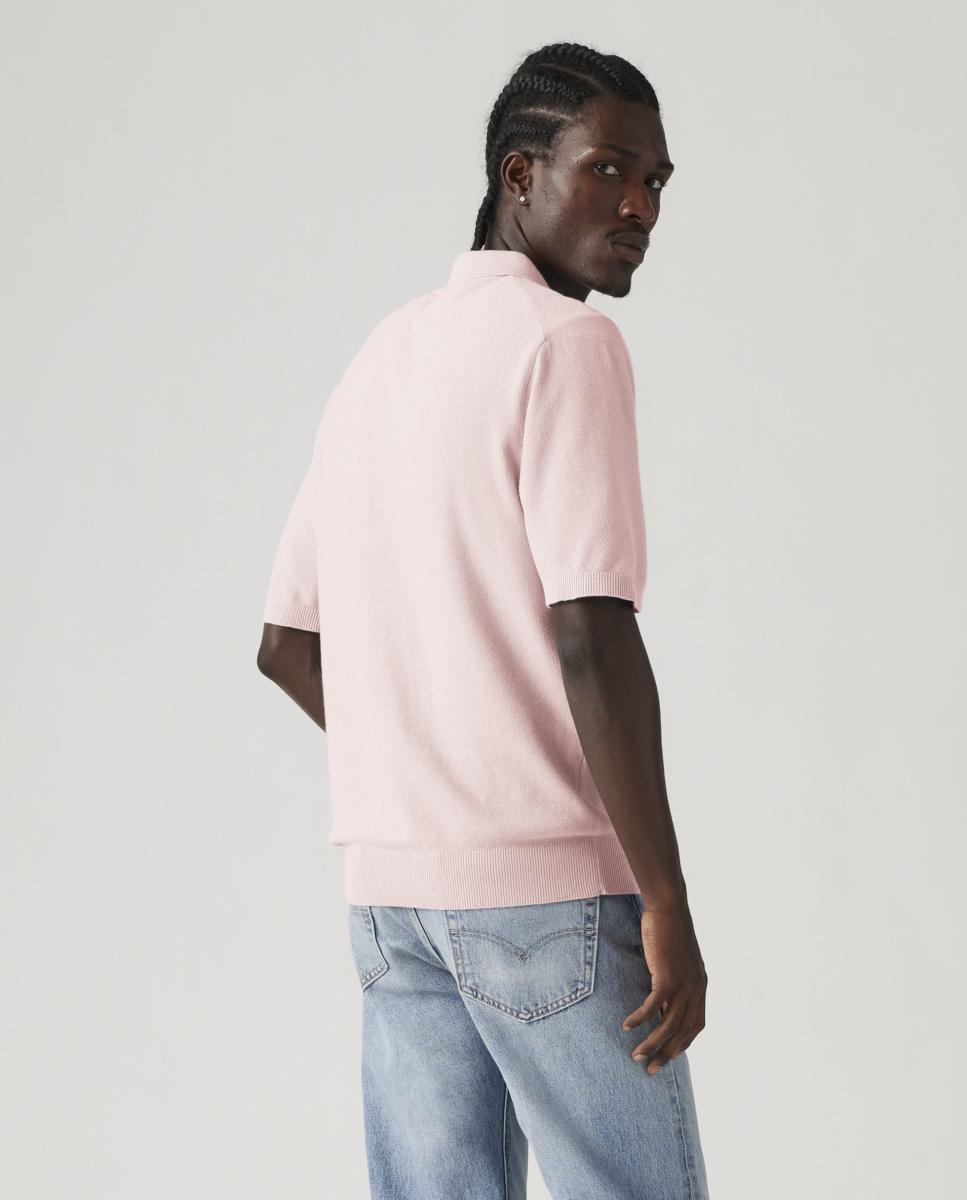 Camisola de Malha com Manga Curta e Colarinho de Polo Rosa-2