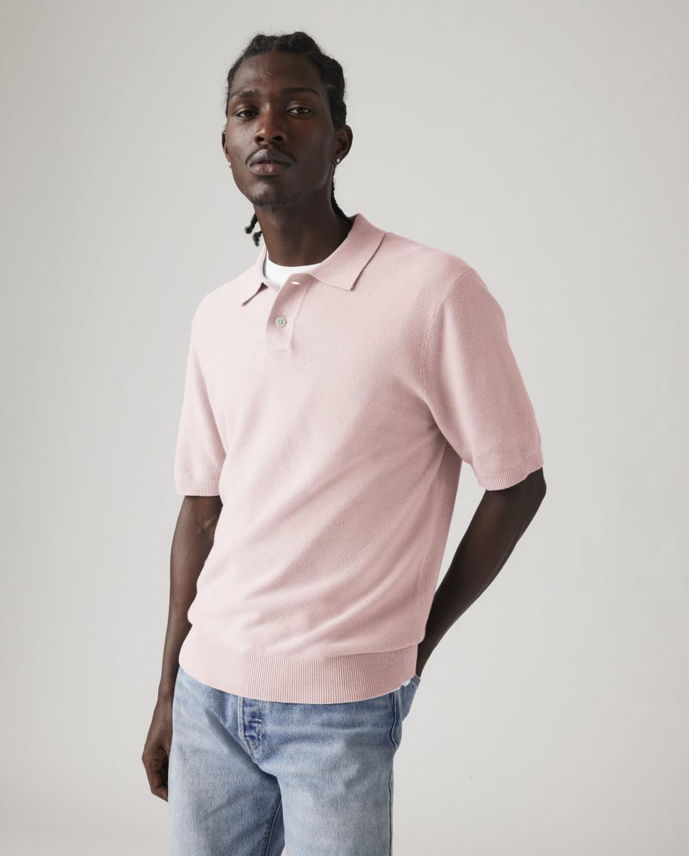 Camisola de Malha com Manga Curta e Colarinho de Polo Rosa-4