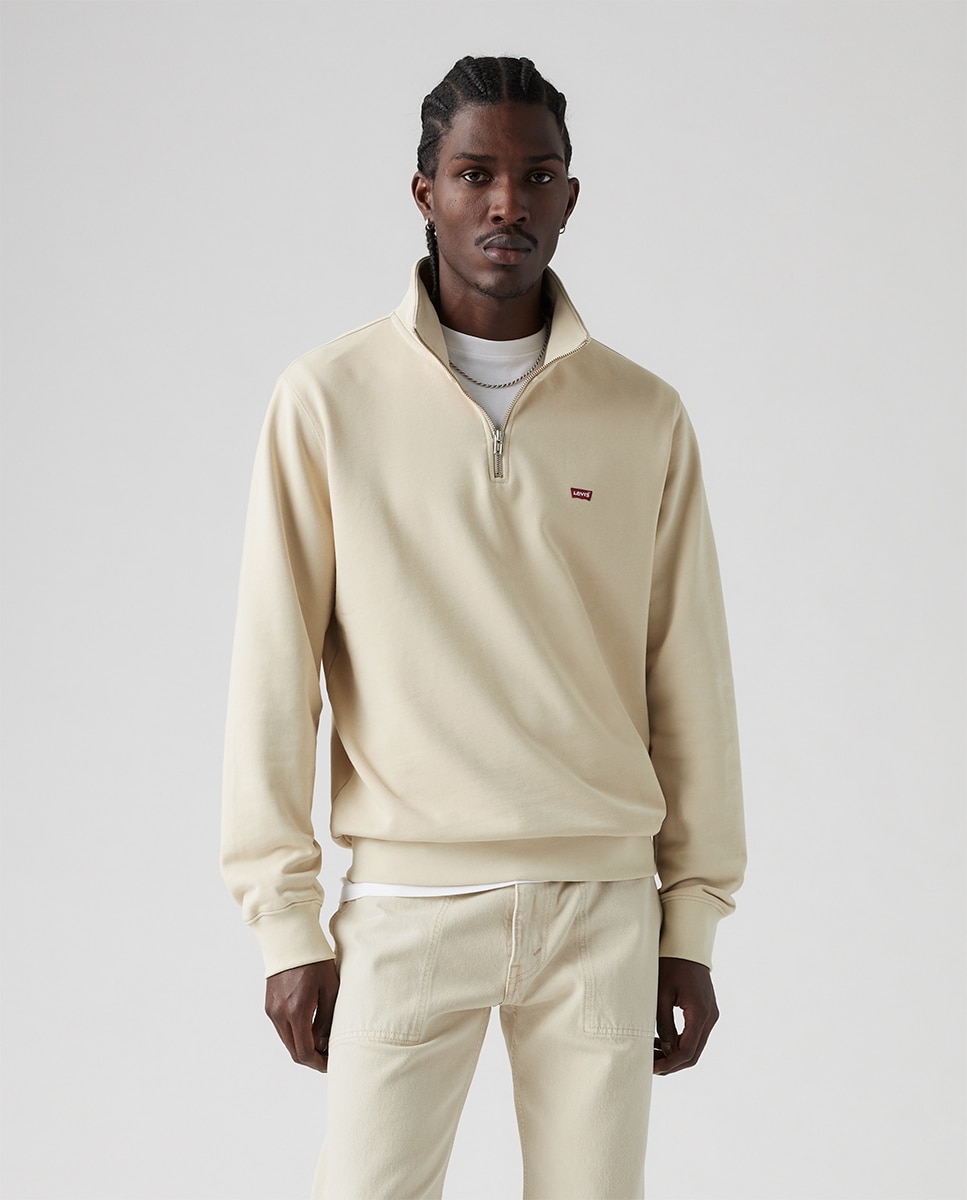Sweatshirt com Gola de Fecho de Correr e Logótipo Bege-1
