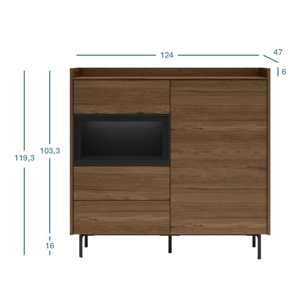 Aparador com 3 gavetas, 1 porta e nicho com vidro Evolution 2.0 Castanho-3