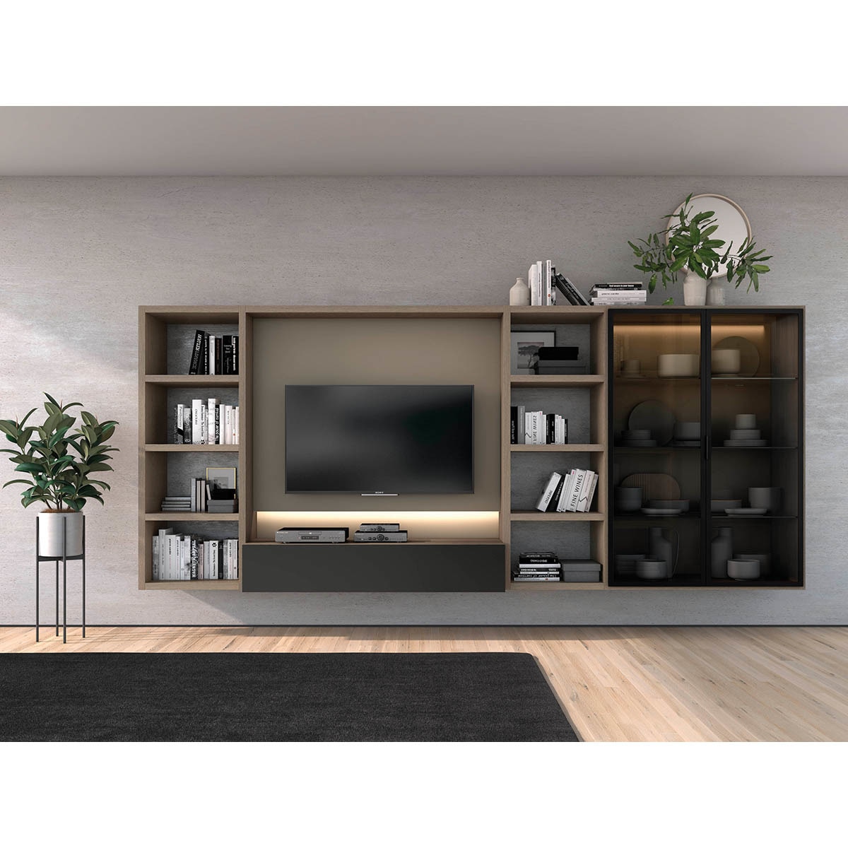 Imagen 1 de Mueble de salón con vitrina 341 cm Time El Corte Inglés - Roble / Ceniza Roble / Ceniza