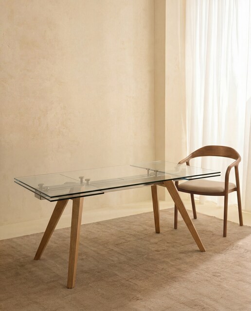Mesa extensible de madera de fresno y cristal Kioto