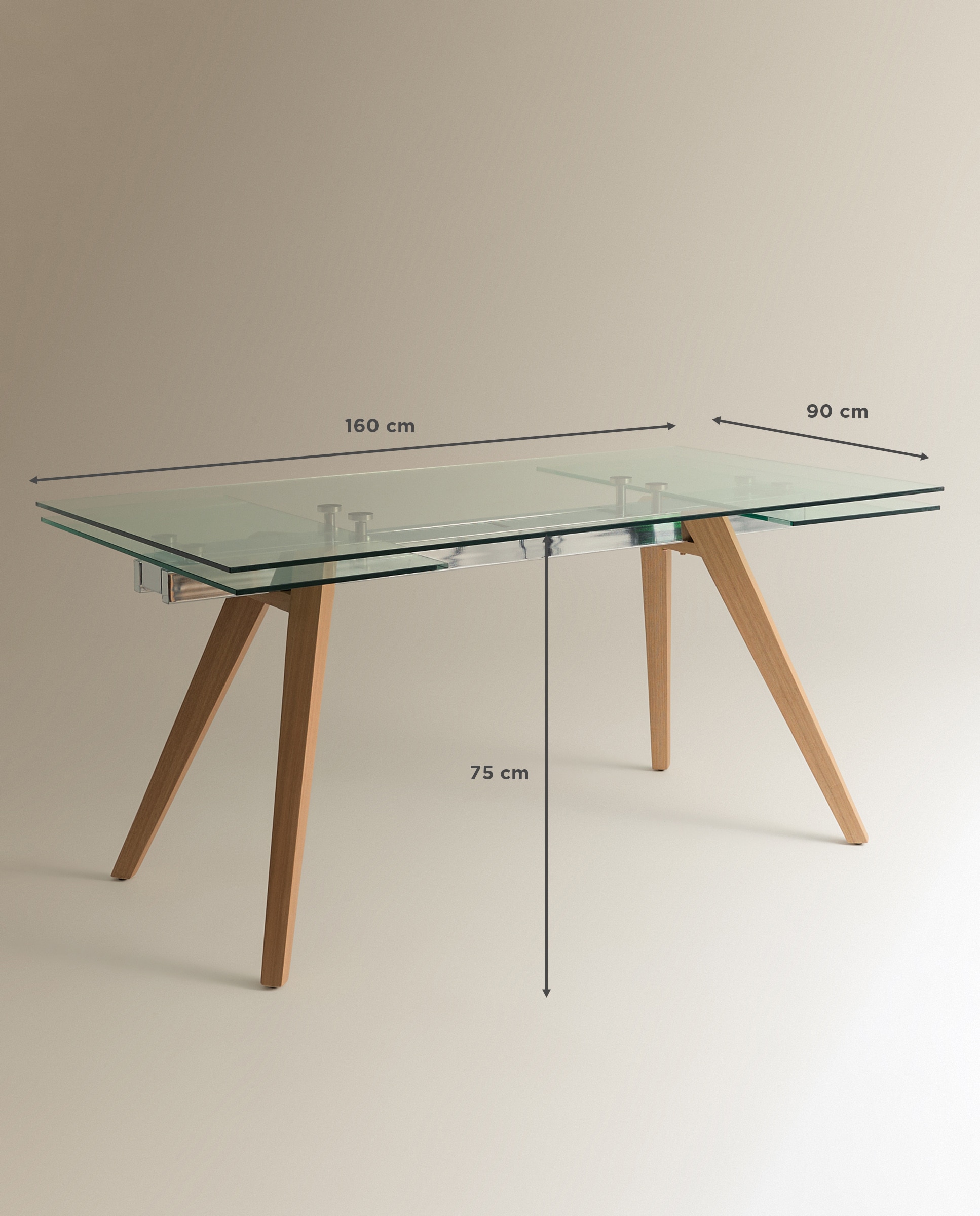 Mesa extensible de madera de fresno y cristal Kioto - Cristal / Natural Cristal / Natural-8