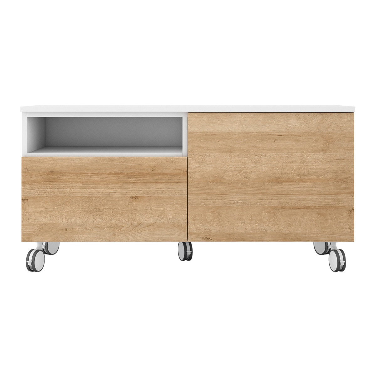 Móvel de TV com rodas, 1 porta rebatível, 1 gaveta e 1 espaço Home Branco / Canela-1