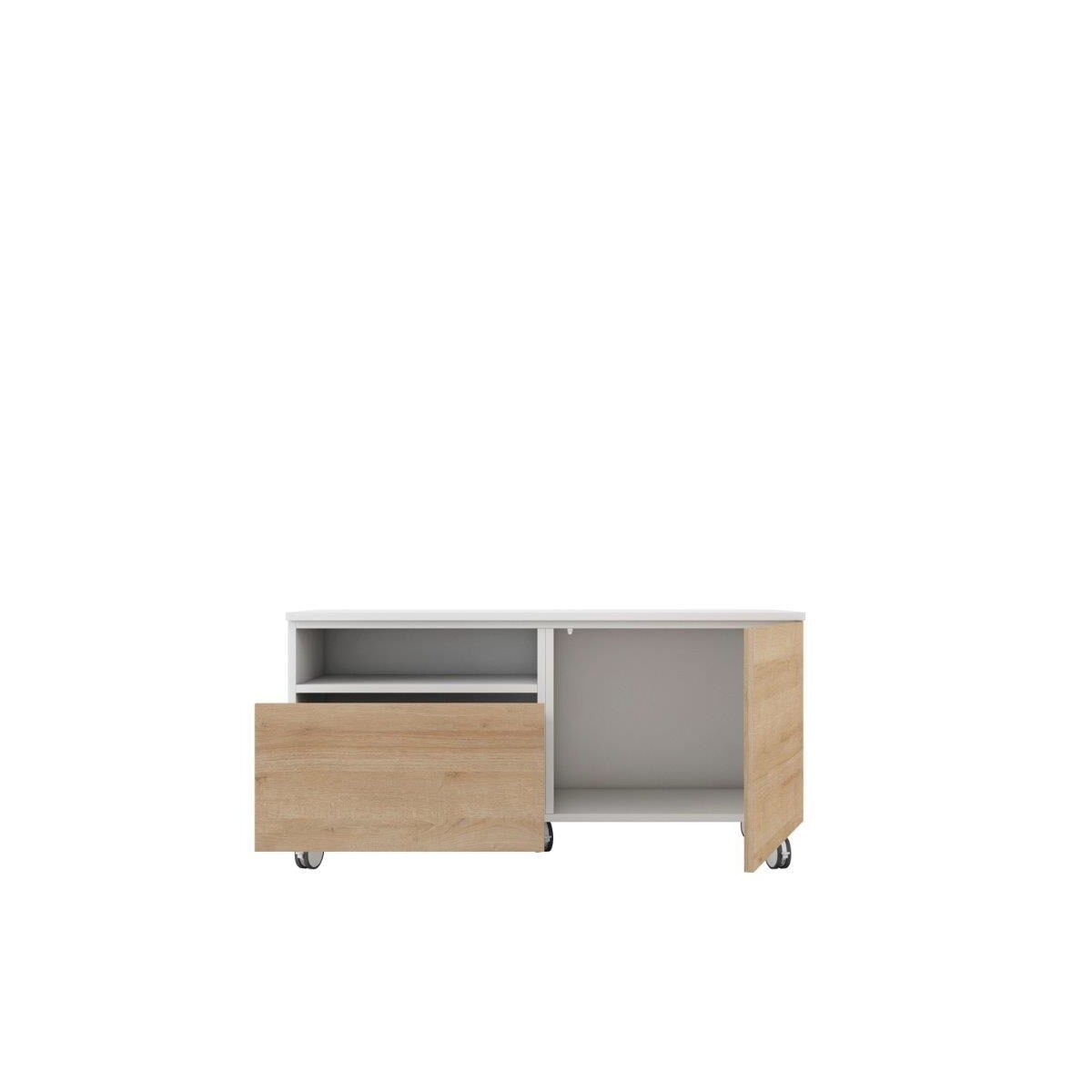 Móvel de TV com rodas, 1 porta rebatível, 1 gaveta e 1 espaço Home Branco / Canela-2