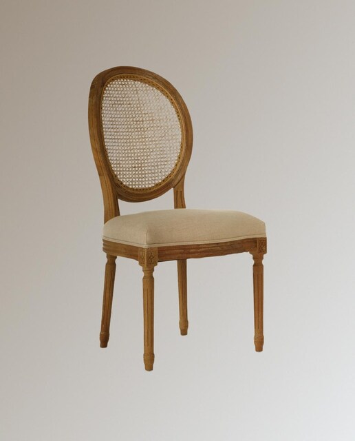 Silla  redonda de madera de roble con rejilla tapizada en lino Fulham