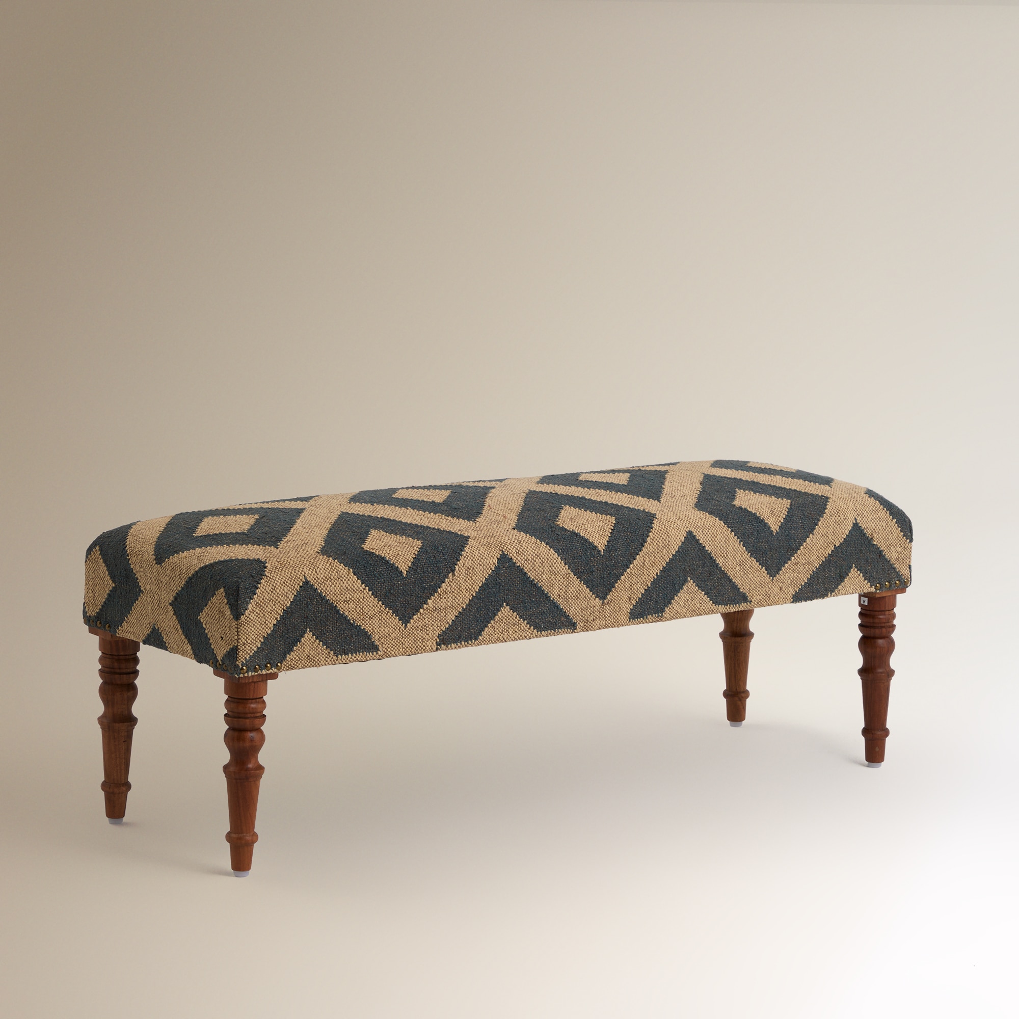 Banco de madera de mango tapizado rombos Delhi - Beige / Azul Beige / Azul-2